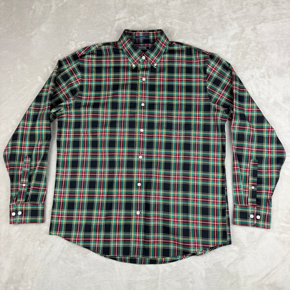 Lands End Men's L 16-16.5 Plaid Button Down Shirt Traditional Fit No Iron Twill